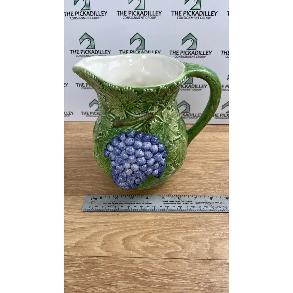 Bassano Italy Ceramic Grape Pitcher Green Purple Embossed Majolica Jug 1804 - Picture 9 of 11
